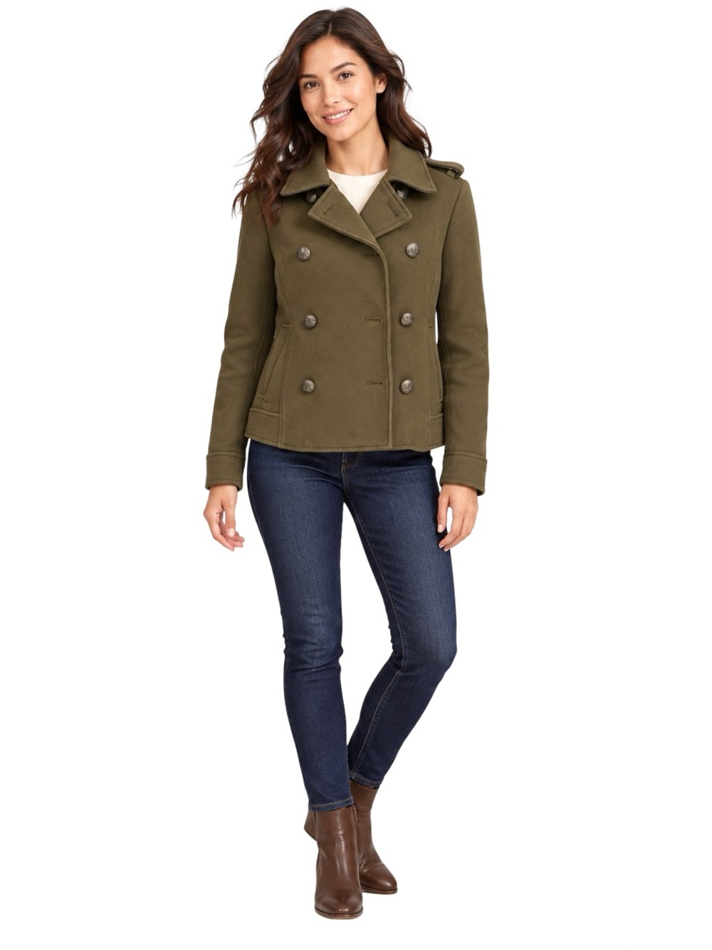 Banana Republic Petite Small Olive Green Double-Breasted Military Peacoat Jacket - Picture 2 of 10